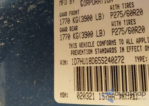 2005 Dodge Ram 1500 Slt/Laramie from USA, damaged, VIN 1D7HU18D65S240272